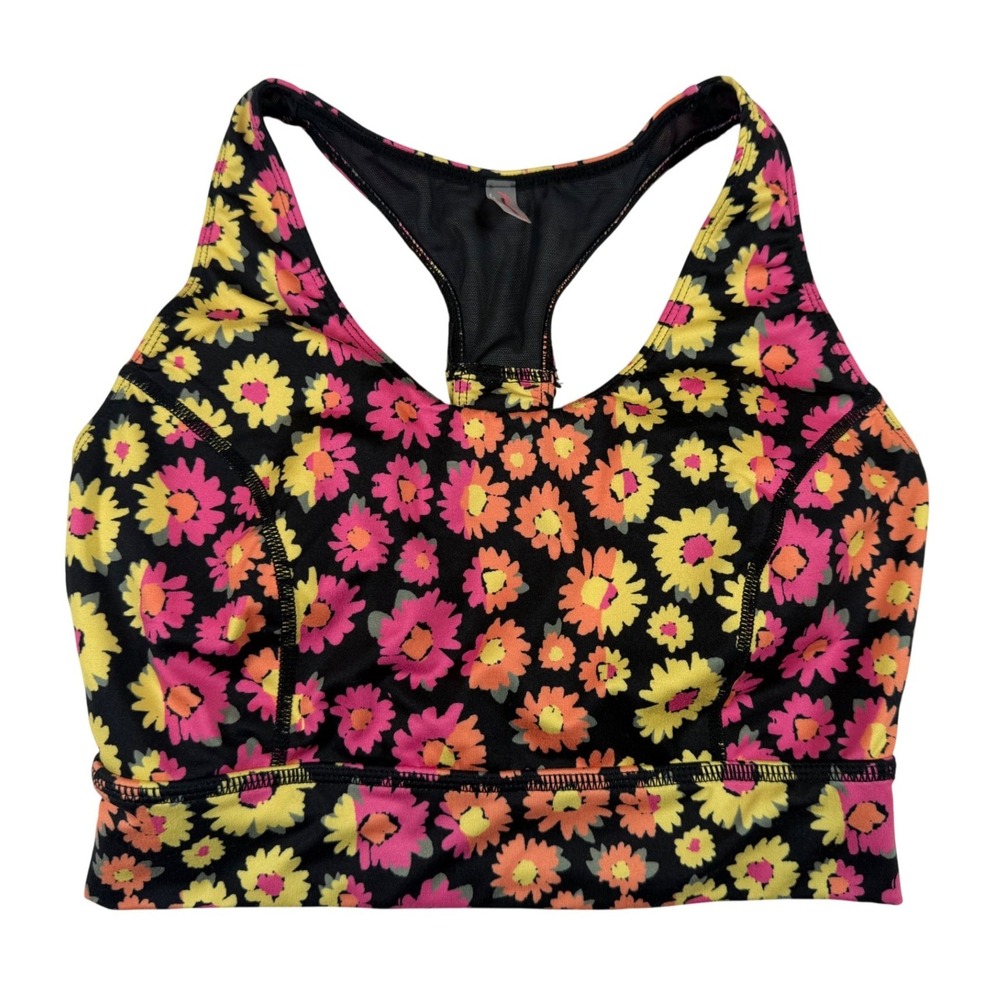 FP Movement Free People Floral Sports Bra Strappy Back Black Pink Yellow Small